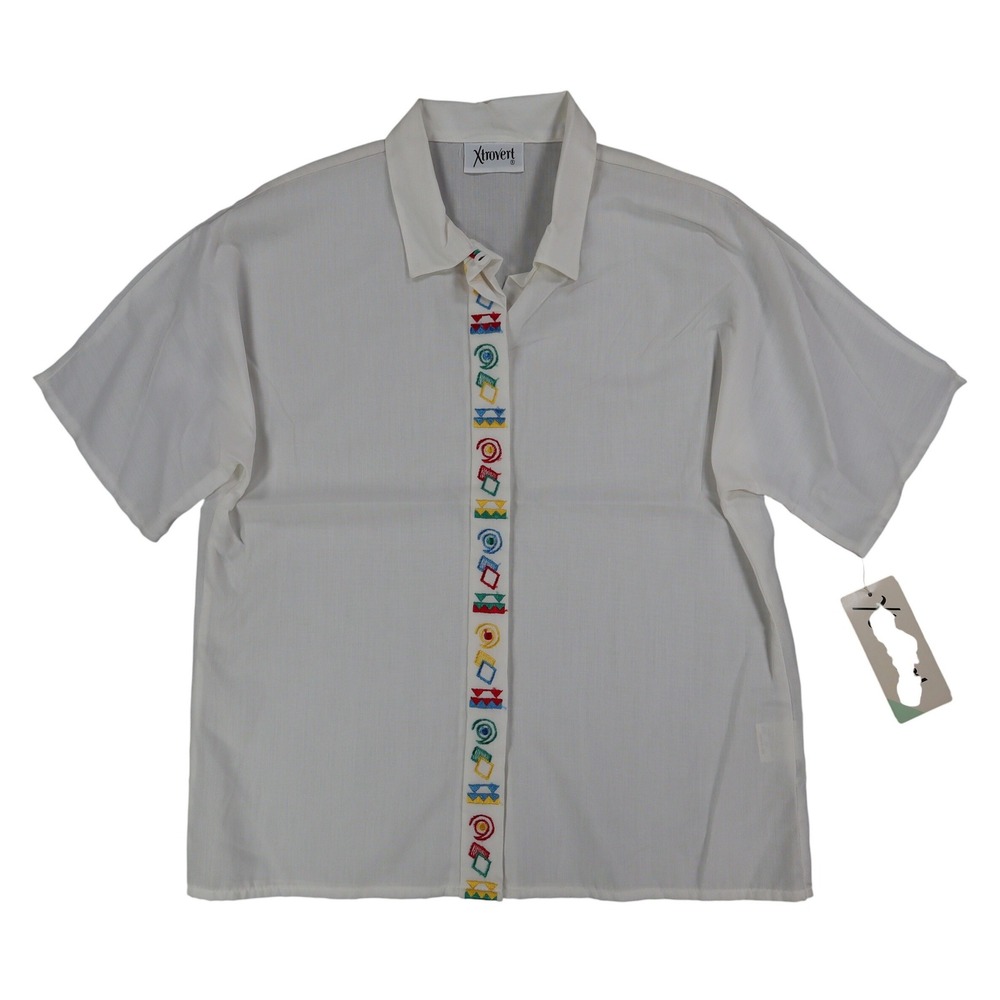 Xtrovert Blouse Womens 10 White Geometric Embroidered Short Sleeve USA NOS NWT